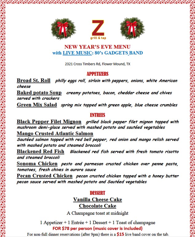 Z Grill & Tap NYE Menu